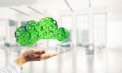 Man presenting in his palms cloud computing concept as mechanism Stock Photos