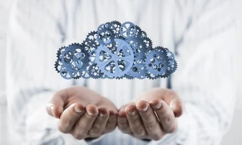 Man presenting in his palms cloud computing concept as mechanism Foto stock