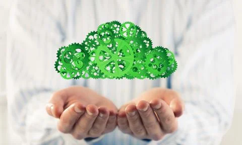 Man presenting in his palms cloud computing concept as mechanism Stock Photos