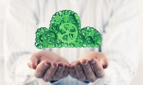 Man presenting in his palms cloud computing concept as mechanism 스톡 사진