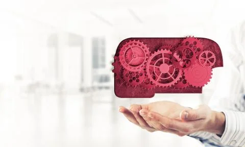 Man presenting in his palms cloud computing concept as mechanism Stockfoto's