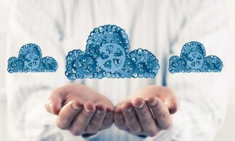 Man presenting in his palms cloud computing concept as mechanism Stock Photos