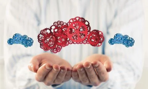 Man presenting in his palms cloud computing concept as mechanism Foto stock