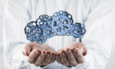 Man presenting in his palms cloud computing concept as mechanism Stock Photos