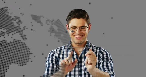 Man presenting initiating demo by tapping fingers, manipulating globe, data for Stock Footage 329946744