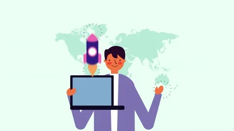 Man presenting laptop with a rocket launching symbolizing global startup an.. Stock Footage 334162463