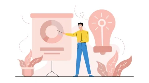 A man presenting pie chart data with light bulb illustration business animated Stock Footage 278840954