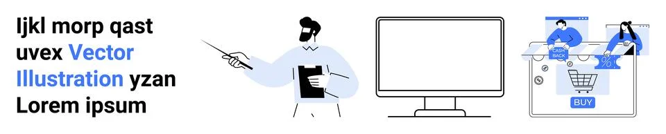 Man presenting with pointer and clipboard, large computer monitor, online sho Illustrazione stock