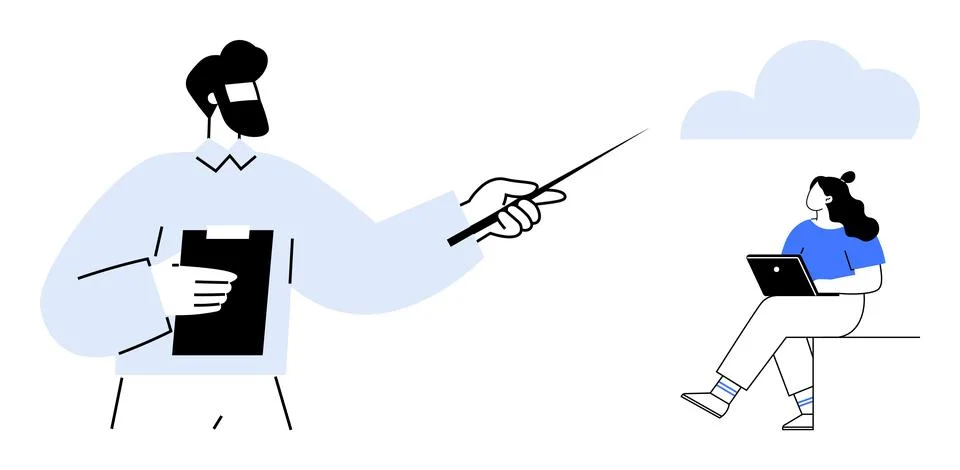 Man Presenting with Pointer to Woman Using Laptop, Cloud in Background Illustrazione stock