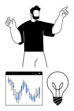 Man presenting rising financial chart data and lightbulb idea concept Stock Illustration