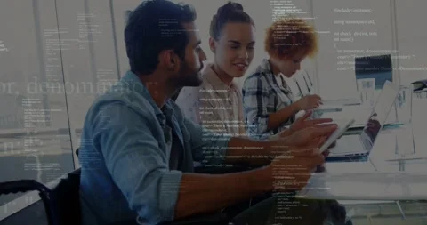 Man presenting tablet, sparking code overlay highlighting tablet while team Stock Footage 333967939