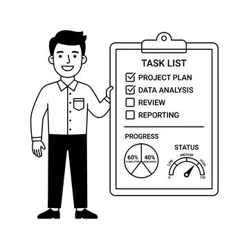 Man presenting a task list with completed items and progress charts. Business 库存插图