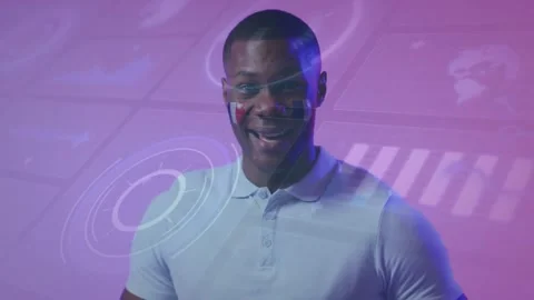 Man presenting tech interface, featuring circular HUD graphics tracking global Stock Footage 326427381
