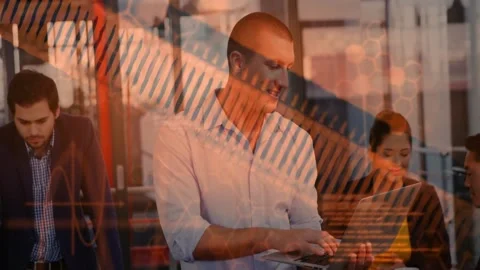 Man presenting typing on laptop and initiating tech code overlaying, team Stock Footage 332468841