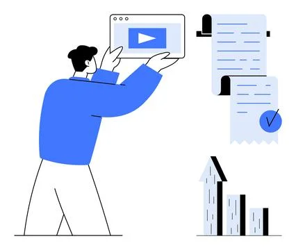Man Presenting Video Content, Document and Graph Showing Business Progress Illustrazione stock
