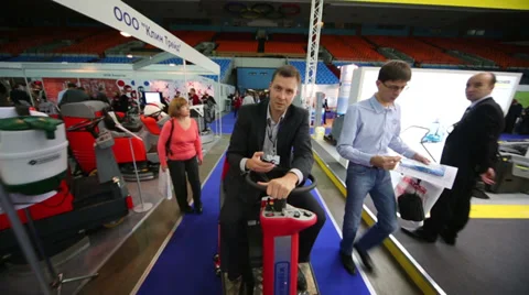 Man presents cleaning machines at 14th International Exhibition Video stock 35239132