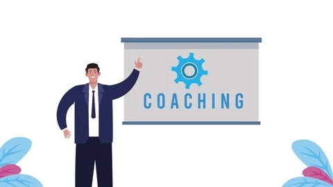 Man presents coaching concept with gear symbol and word coaching on present.. Stock Footage 334524177