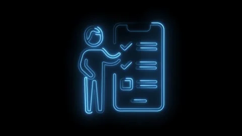 Man presents smartphone checklist app neon glowing outline on dark background Stock Footage 345985384