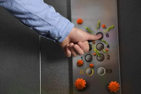Man press button in elevator with germs, closeup Foto stock