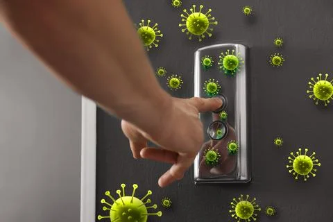 Man press button in elevator with germs, closeup Foto stock