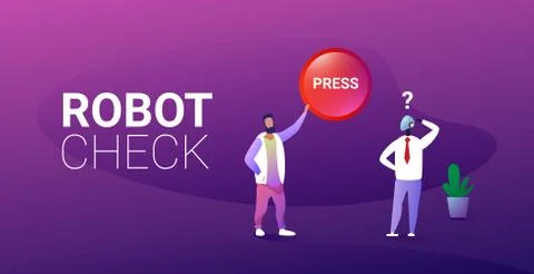 Man press button robot check concept human vs robotic character artificial in Stock Illustration