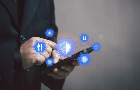 Man press smartphone to protect personal data. Protecting the security of o.. Stock Illustration