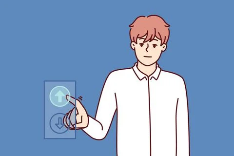 Man presses up button while riding in elevator for concept of ambitious striving Stock Illustration
