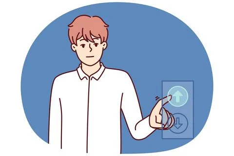 Man presses up button while riding in elevator for concept of ambitious striving Illustrazione stock
