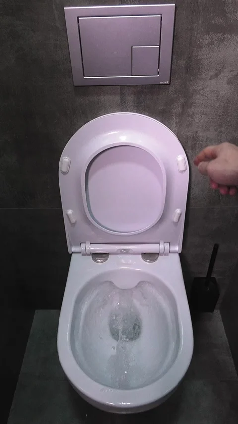 Man presses gray flush button on wall-hung toilet Stock Footage 302539103