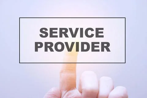 A man presses with his finger on a rectangular hologram with text - service p Stock Photos