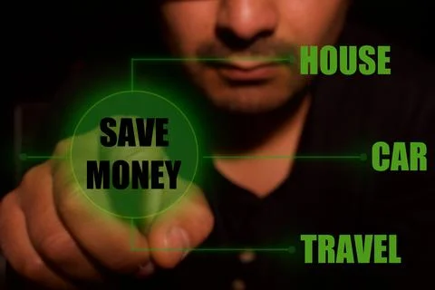 Man presses start button to save money Stock Photos