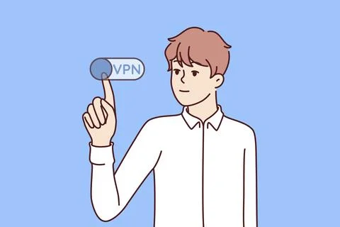 Man presses VPN button to remain invisible on internet and maintain privacy Illustrazione stock