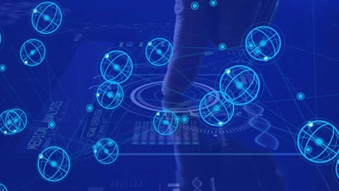 Man pressing blue HUD, fingertip activating ripples, brightening nodes and Video stock 334703286