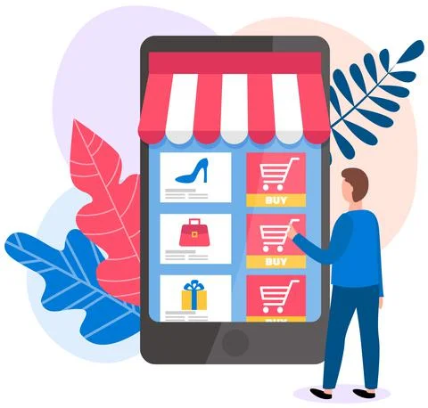 A man is pressing button by on the phone screen. Application for online shopping 스톡 일러스트