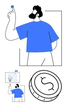 Man pressing a button, presenting idea on a board, and coin with dollar sig.. Stock Illustration