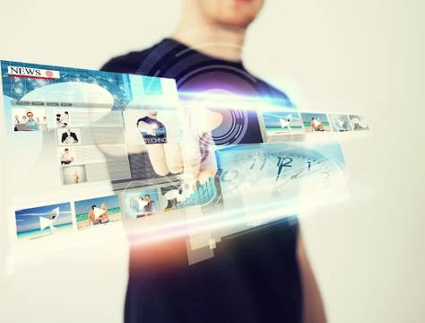 Man pressing button on virtual screen Stock Illustration