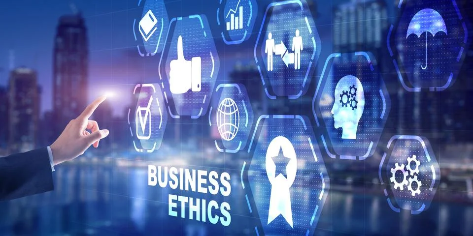 Man pressing button on virtual screen interface and select Business ethics Stock Photos