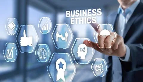Man pressing button on virtual screen interface and select Business ethics Stock Photos