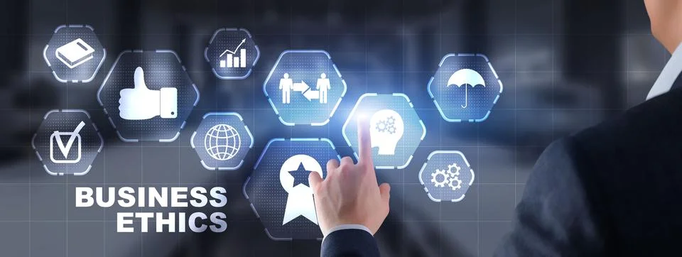 Man pressing button on virtual screen interface and select Business ethics Stock Photos