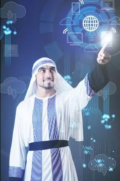 Man pressing buttons in cloud computing concept Stock Photos