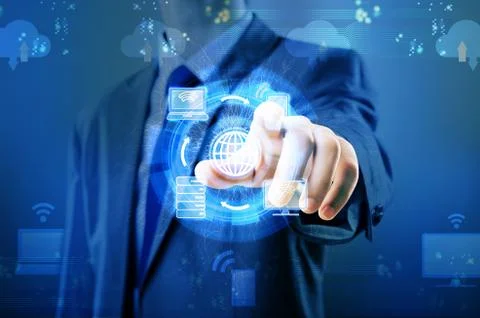 Man pressing buttons in cloud computing concept Stock Photos