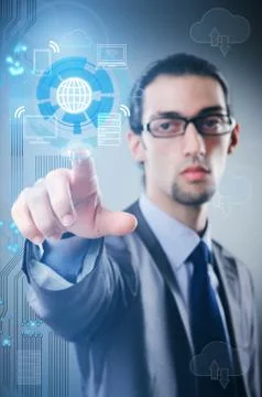 Man pressing buttons in cloud computing concept Stock Photos