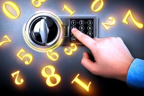 Man pressing buttons on keypad to lock steel safe, closeup. Numbers symboli.. Stock Photos