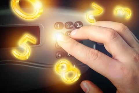 Man pressing buttons on keypad to lock steel safe, closeup. Numbers symboli.. Stock Photos