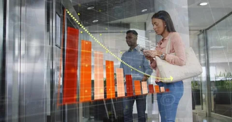 Man pressing elevator button to call elevator, woman using phone, business 3D Stock Footage 321800168
