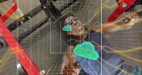 Man pressing handles activating cube with graph lines clouds and binary code Stock Footage 317592066