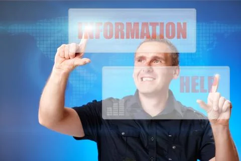 Man pressing information and help buttons Illustrazione stock