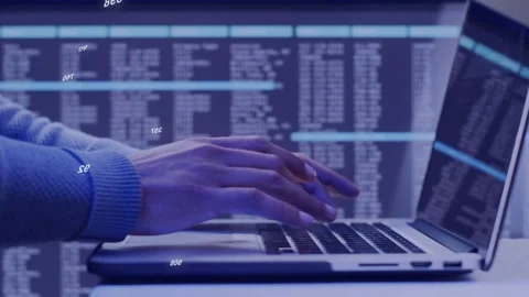 Man pressing keys and typing on laptop, producing overlays showing terminal data Stock Footage 333540192