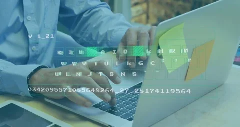 Man pressing keys on laptop activating floating code overlay and advancing Stock Footage 318259603