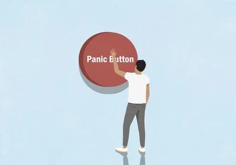 Man pressing large red panic button on blue background Stock Illustration